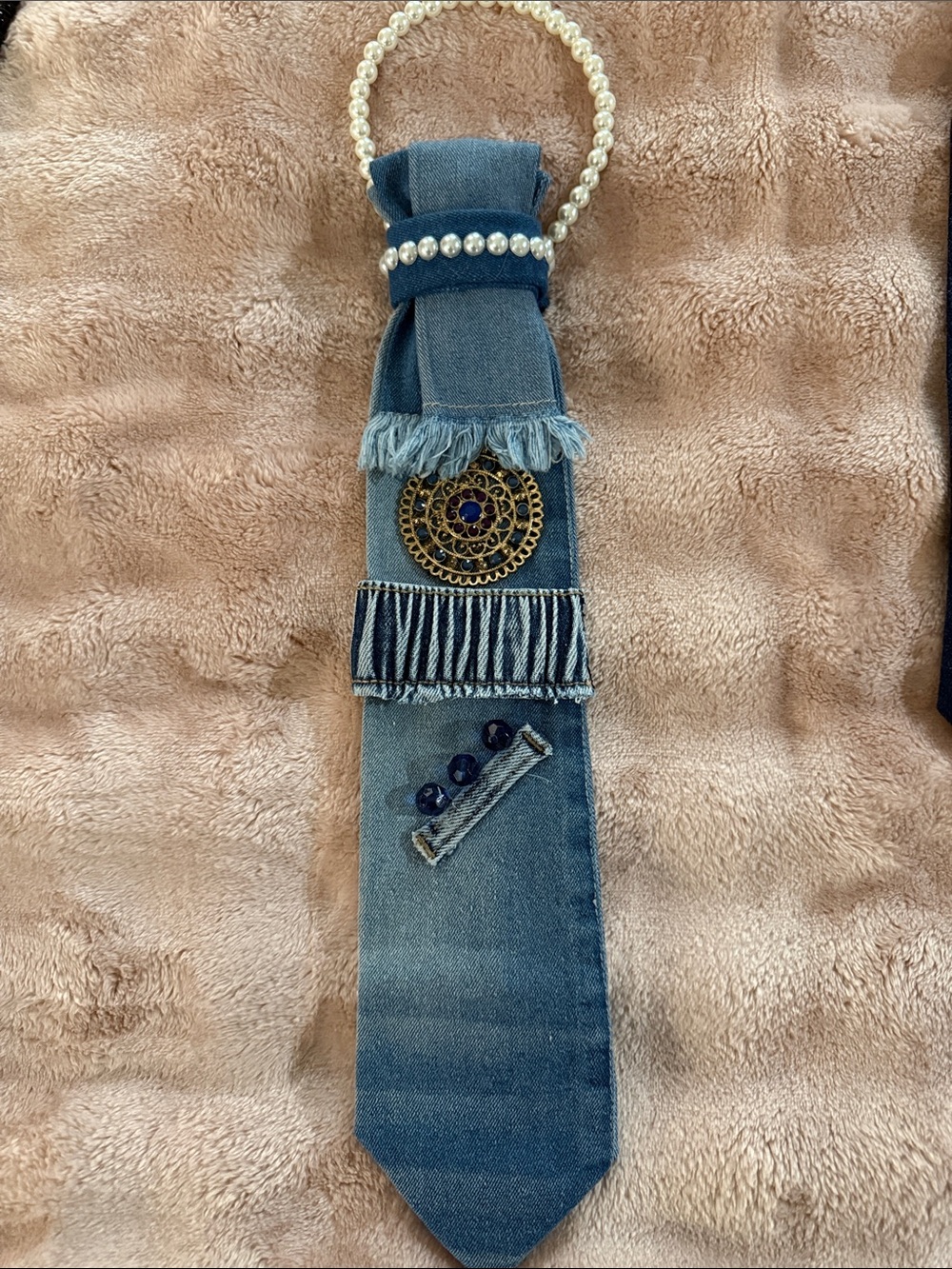 Pearl-Handled Denim Scarf Hair Accessory in Blue